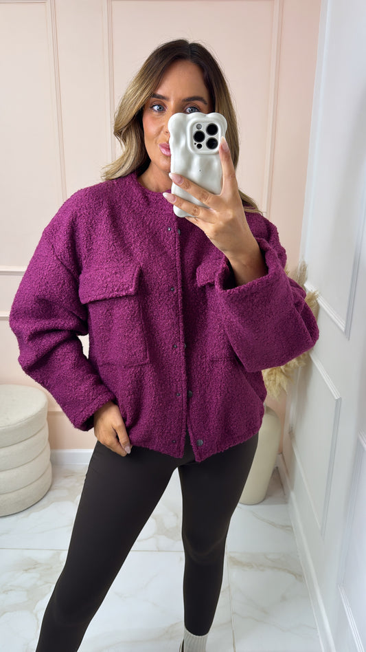 REMI magenta woolen effect oversized bomber jacket