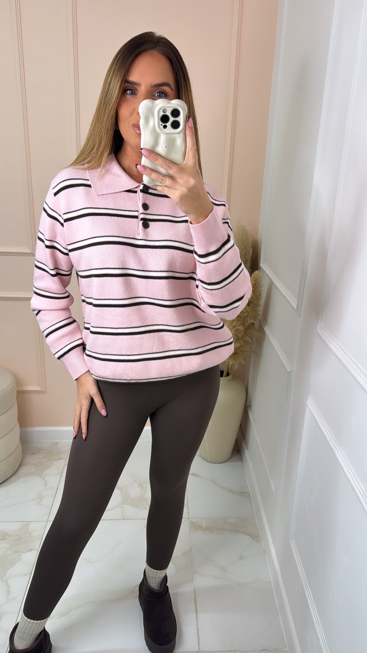 BETH pink striped knit collared jumper