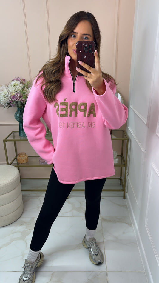 APRES pink borg embroidered half zip sweater