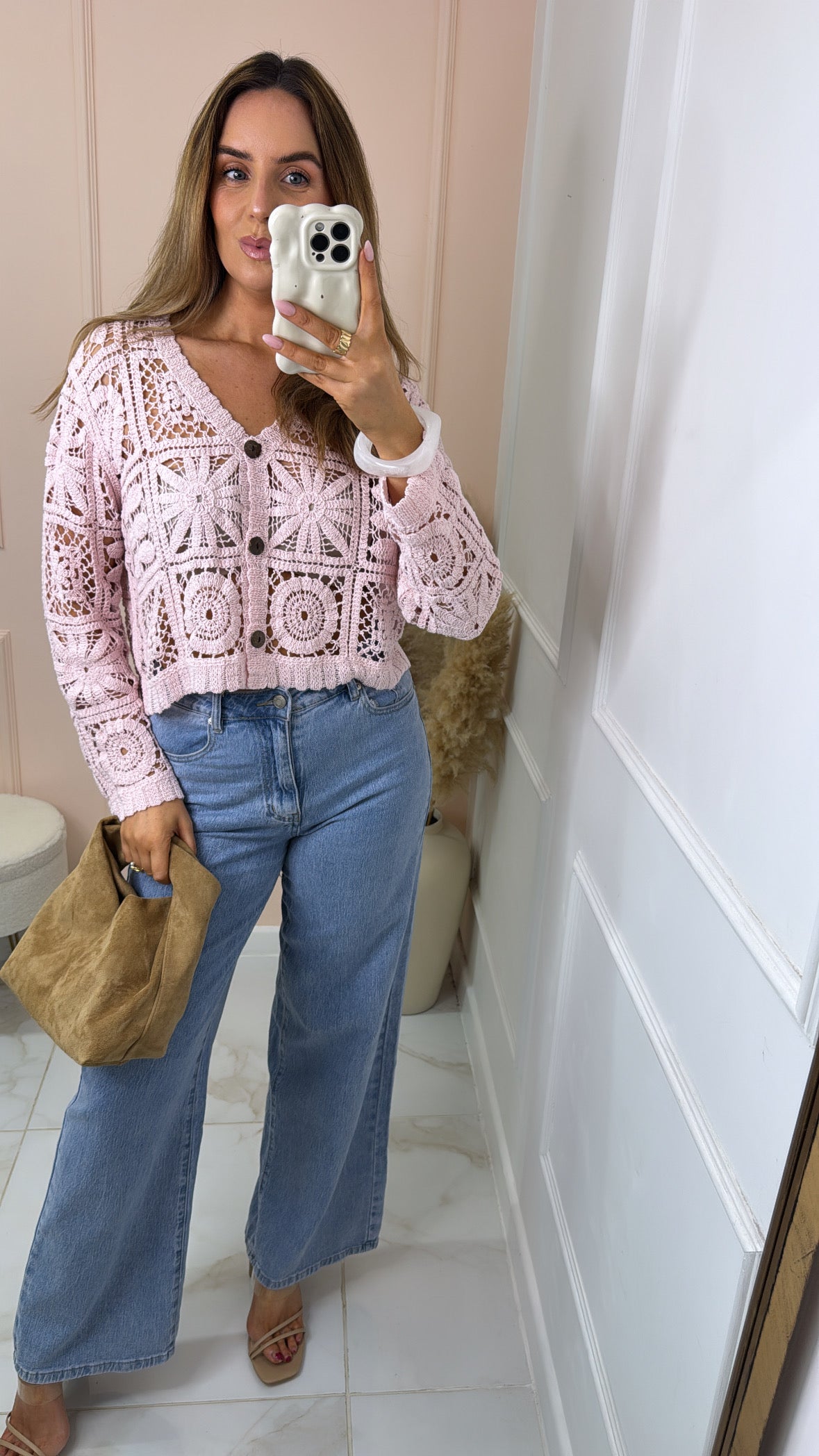LARA baby pink crochet cardigan