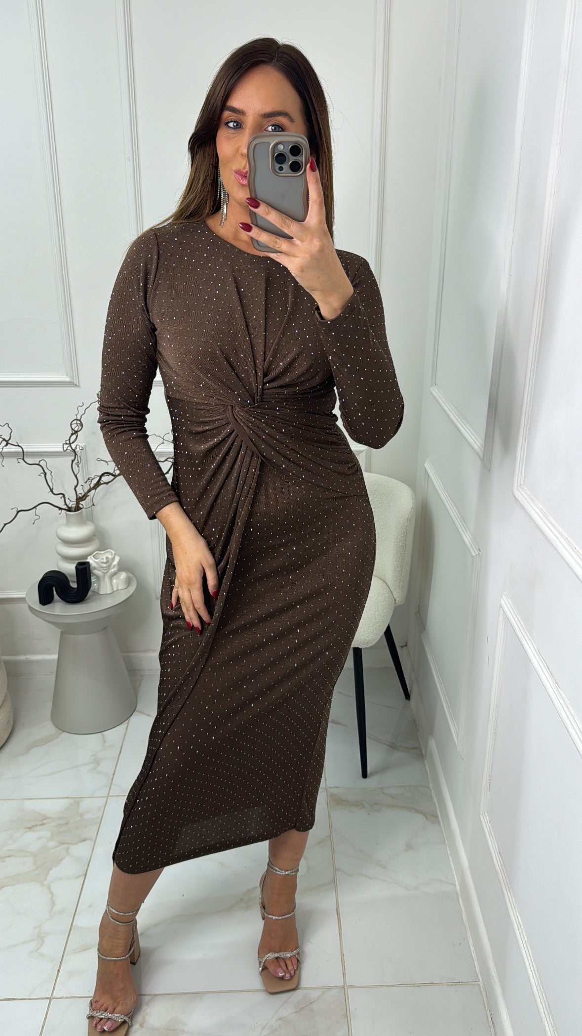 SHARNA chocolate diamante twist maxi dress