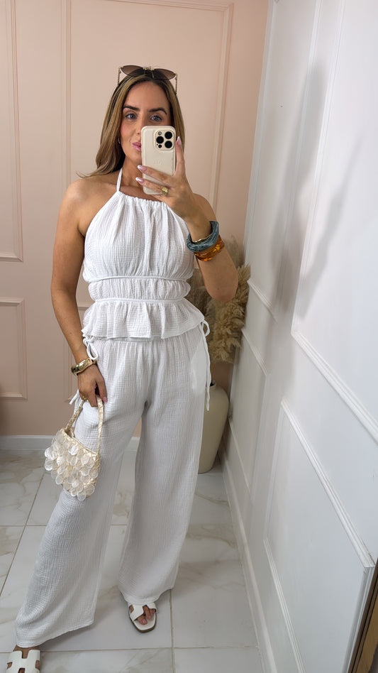 DAKOTA white cheesecloth halter neck trouser set