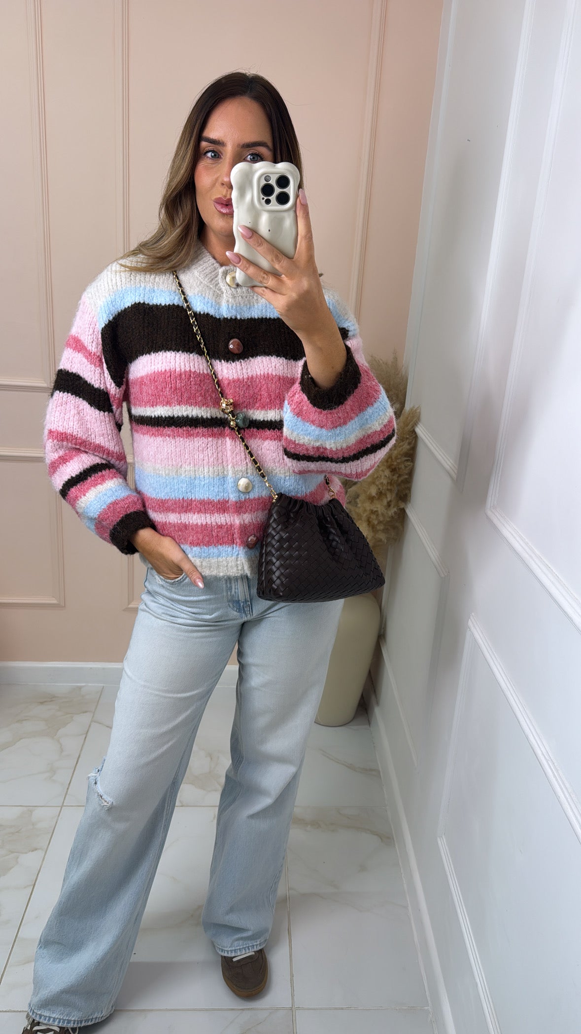 JUNIPER pink multi stripe knit cardigan