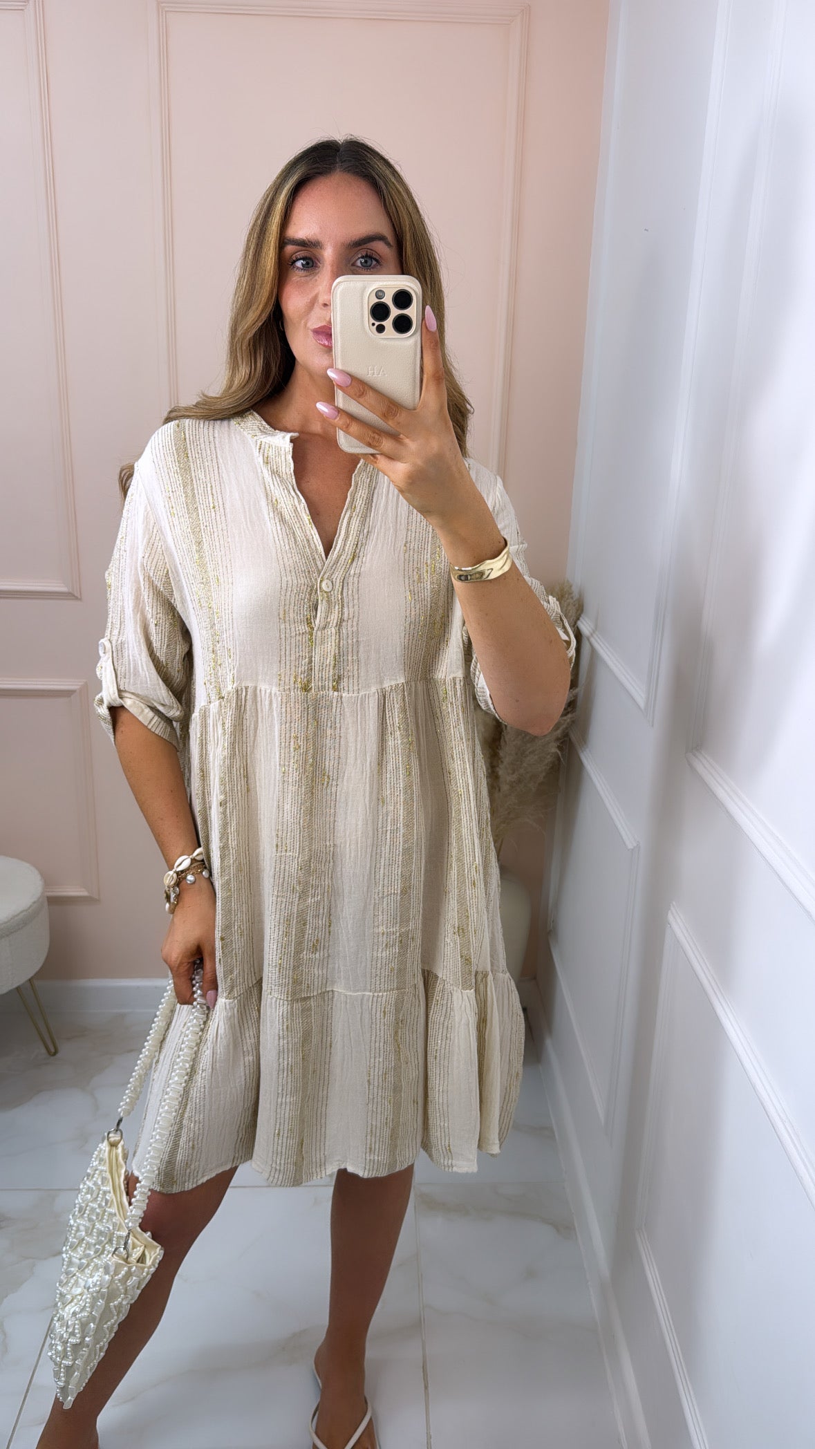 ANNIE beige & gold metallic smock dress