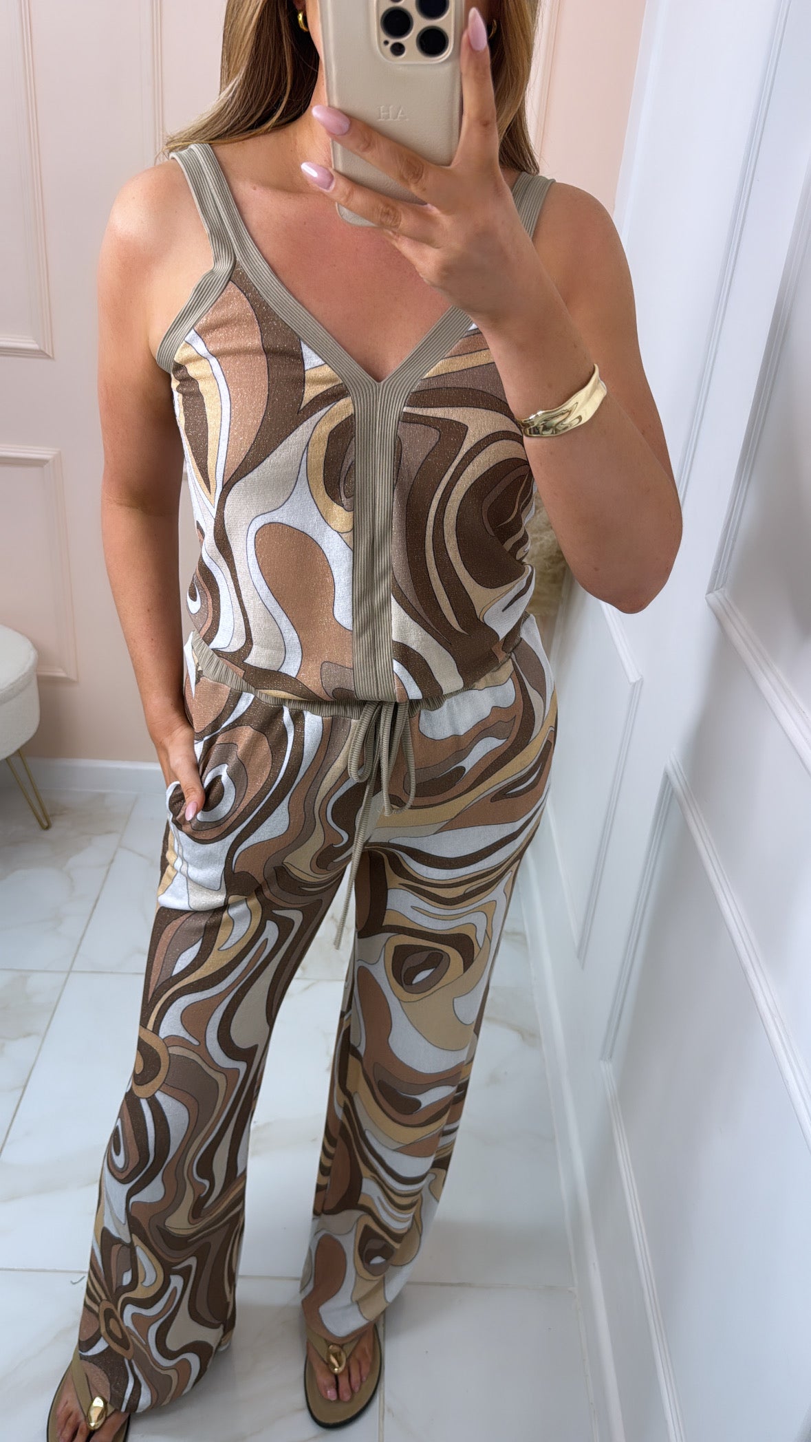 MERCI taupe swirl print shimmer trouser set