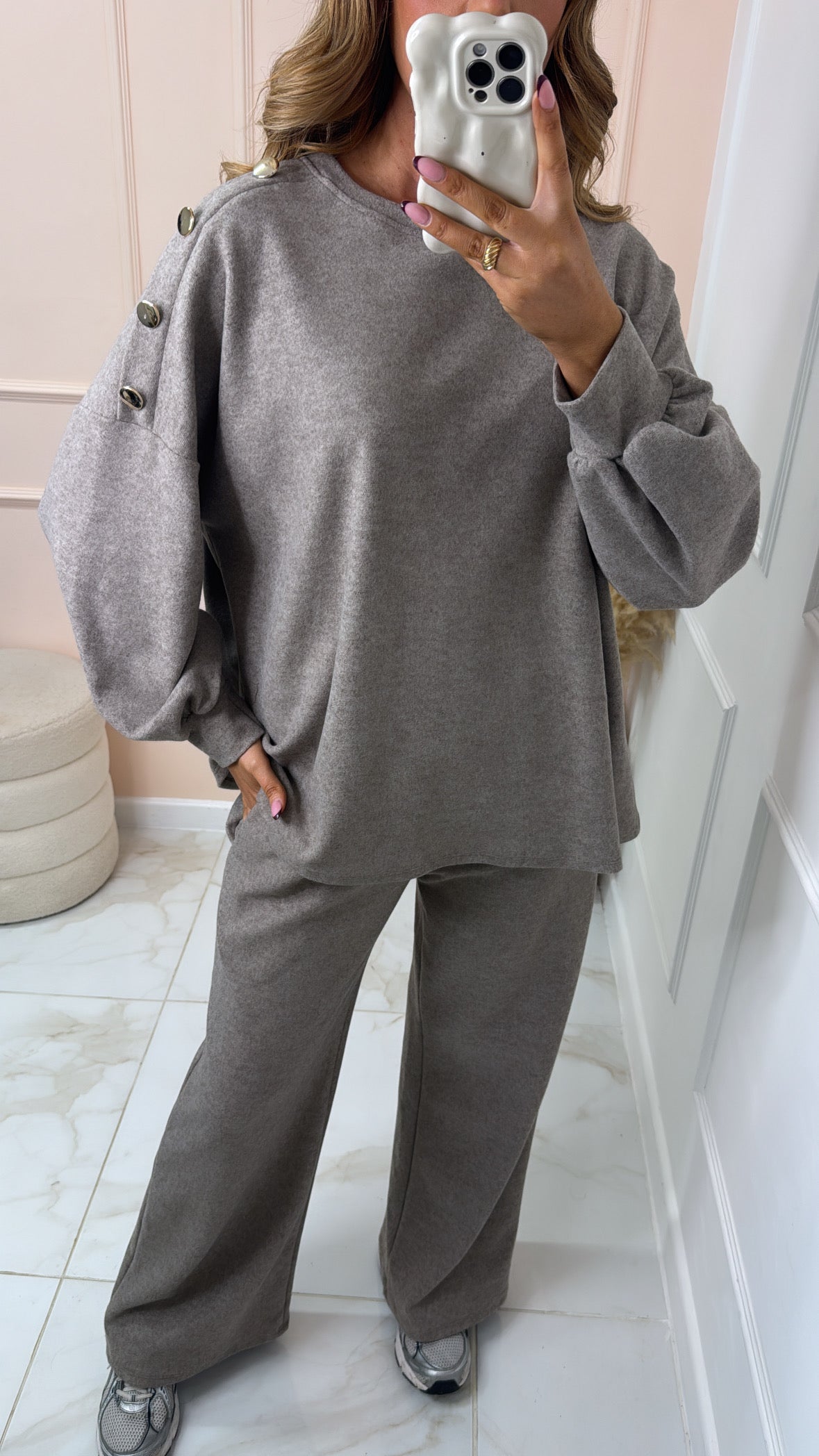 PENNY taupe gold button detail lounge set