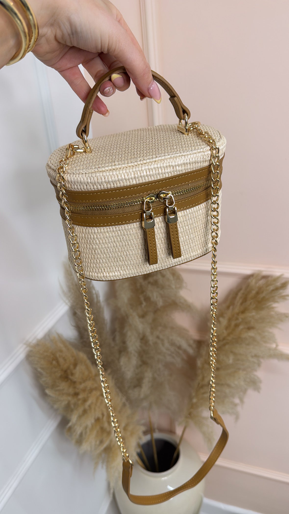 LOTTIE tan woven vanity box bag