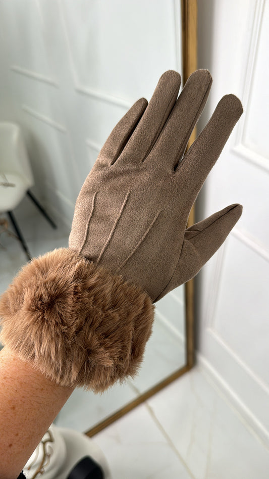 HOLLIE taupe suedette faux fur gloves