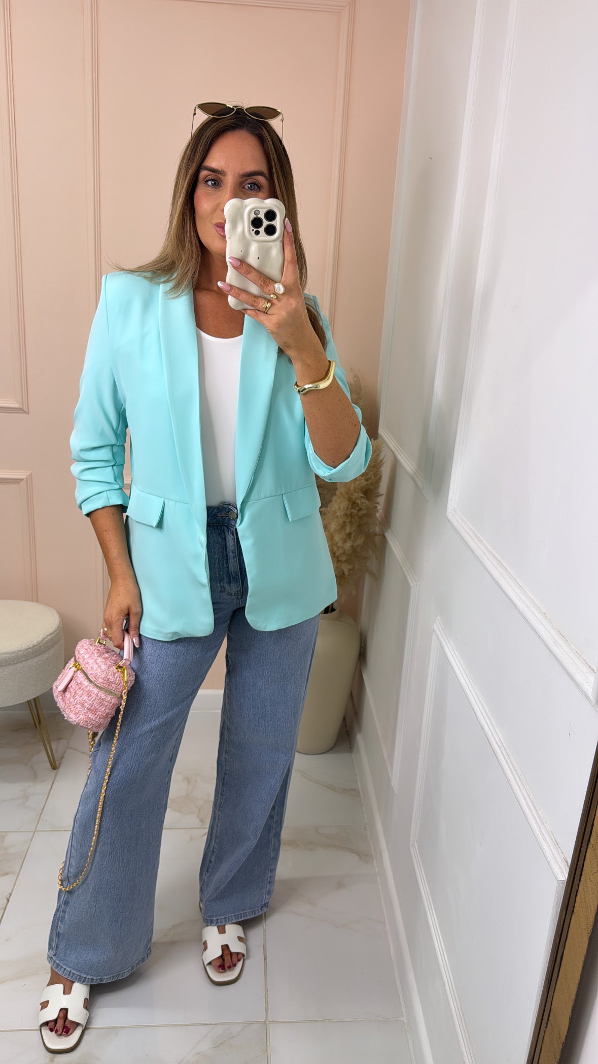 FREYA mint ruched sleeve blazer
