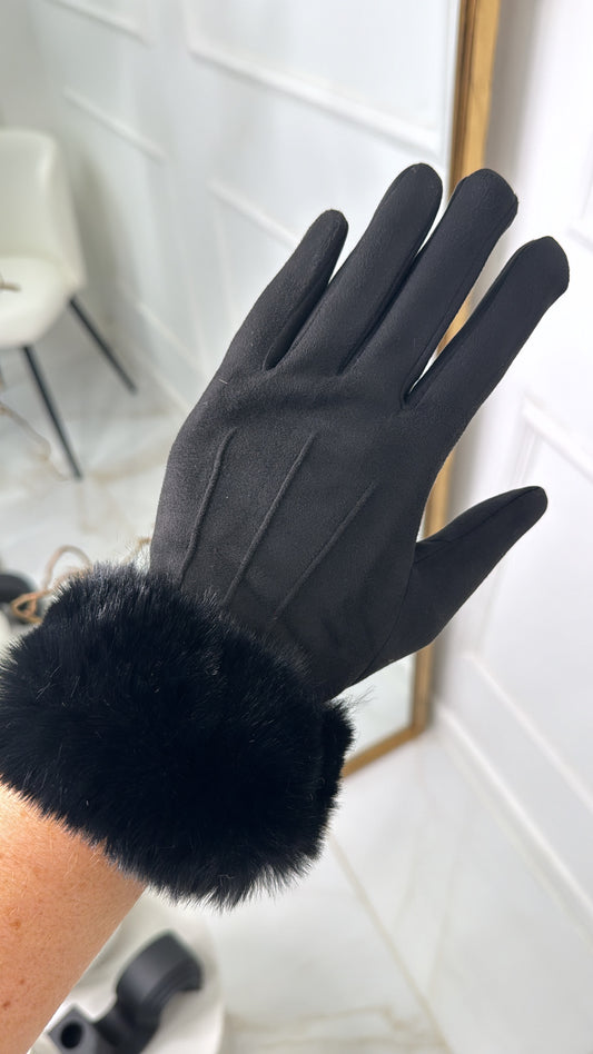 HOLLIE black suedette faux fur gloves