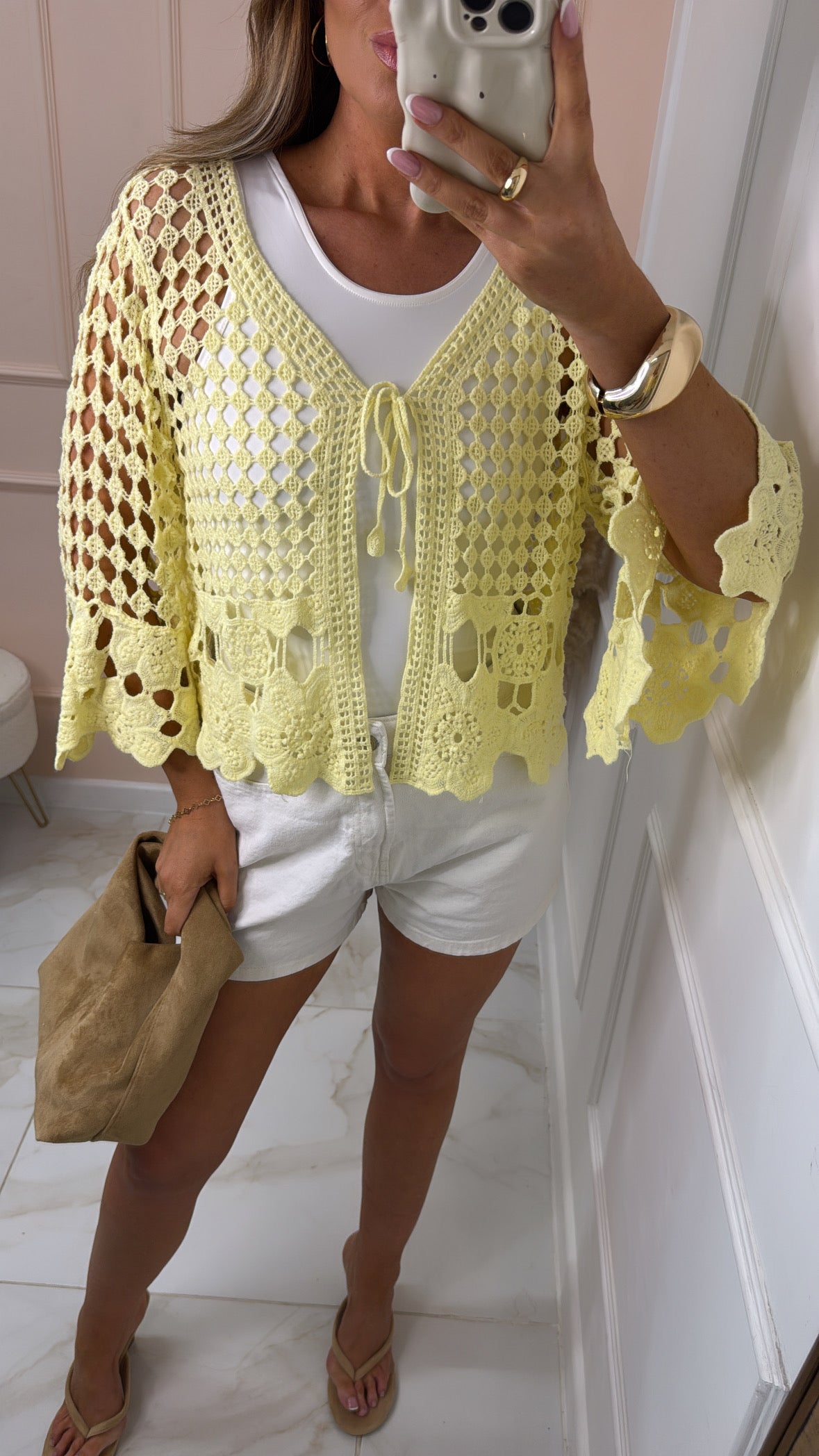 ARIANNA lemon crochet tie front top