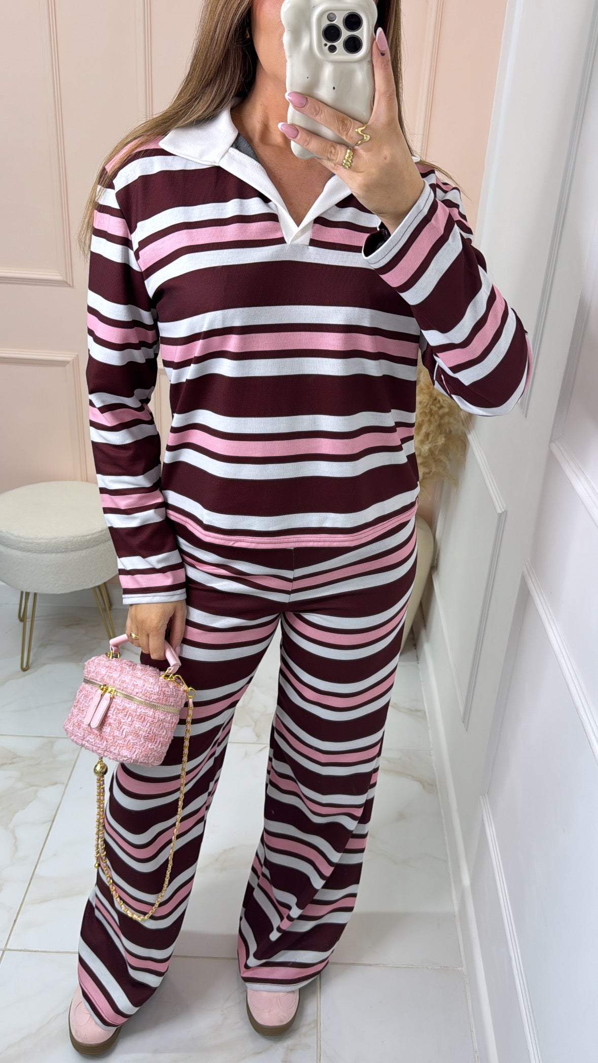 SHAUNA pink stripe collar lounge set