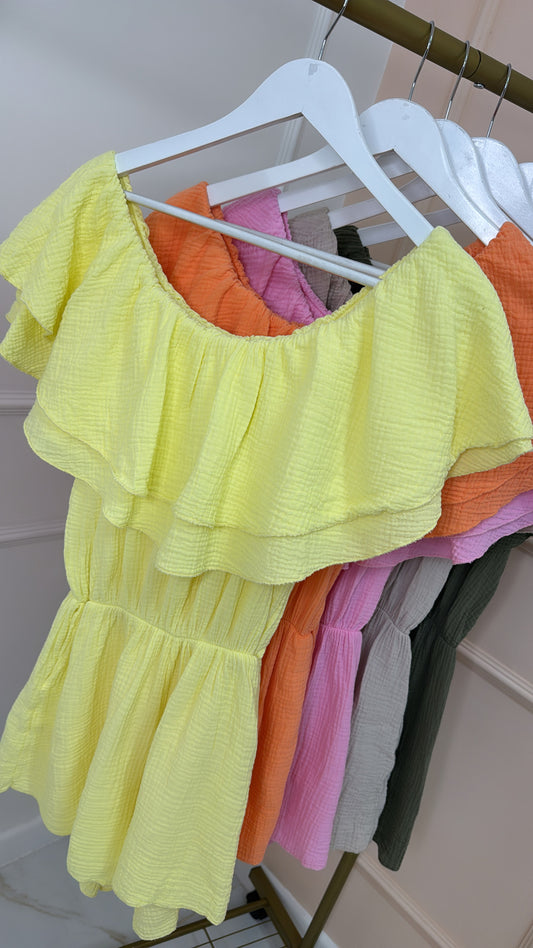 JAYDA lemon bardot frill playsuit