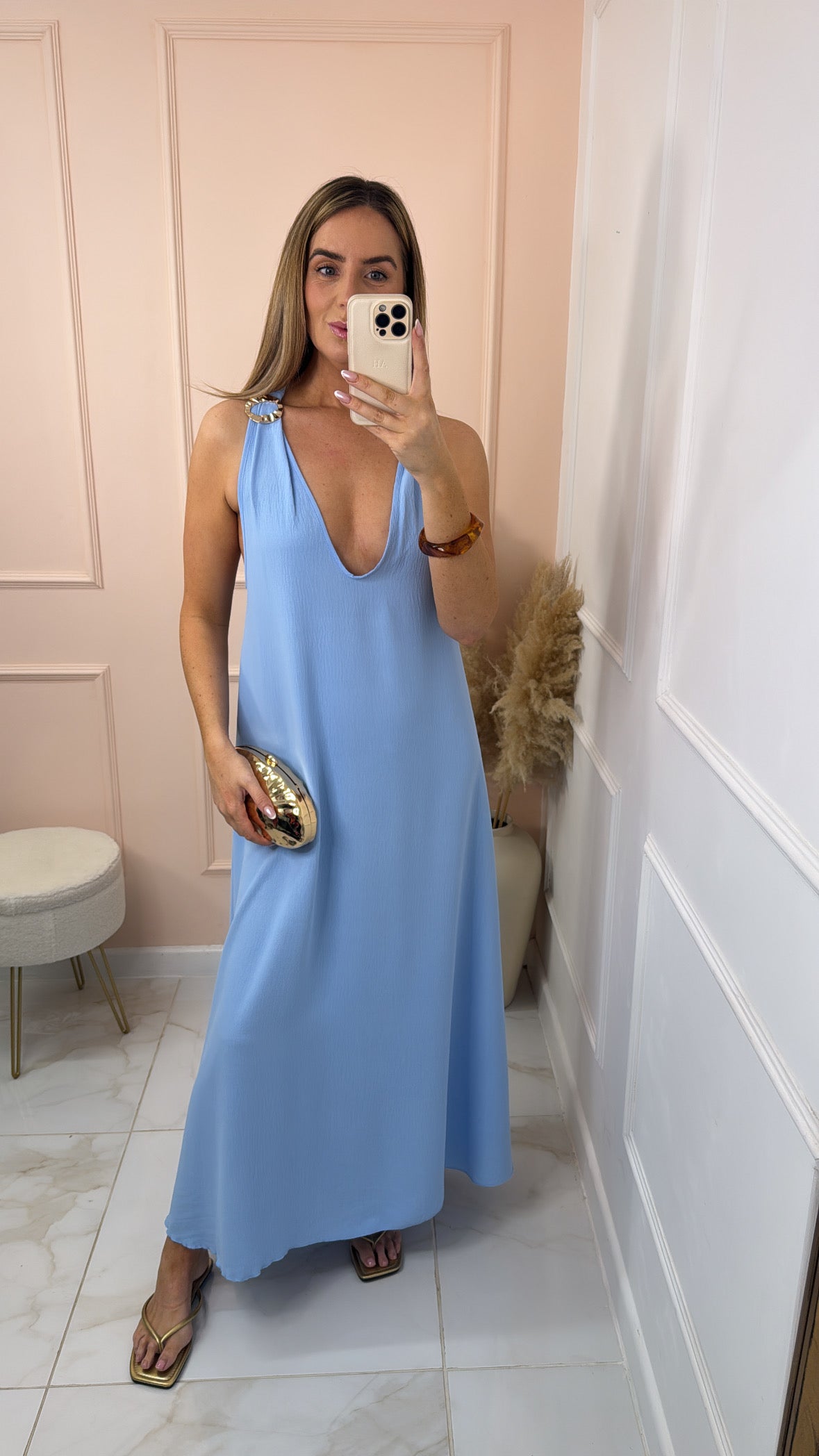 MACIE blue gold detail maxi dress
