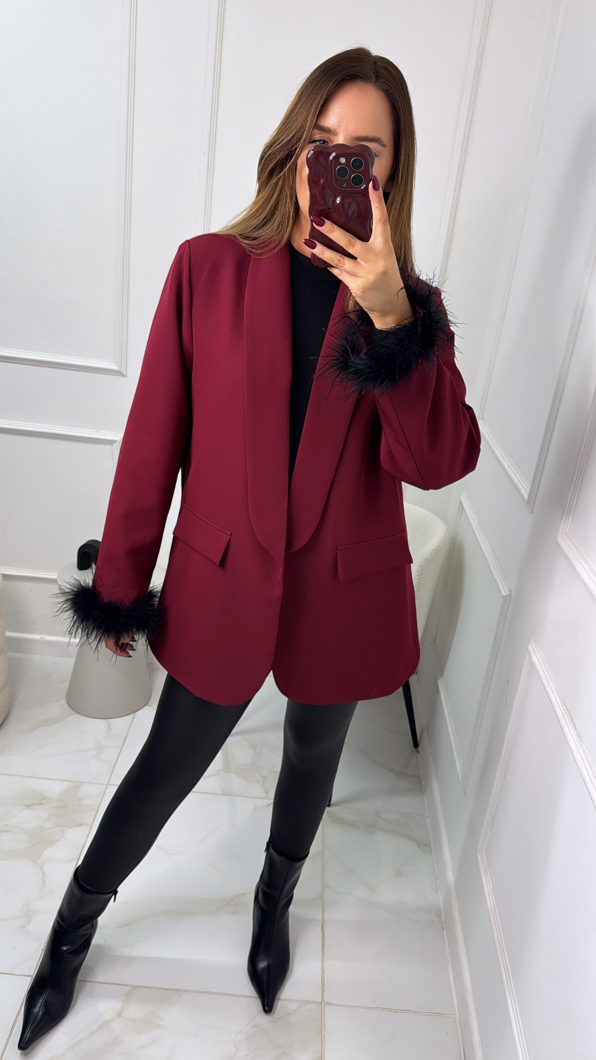 EMILY burgundy feather cuff longline blazer