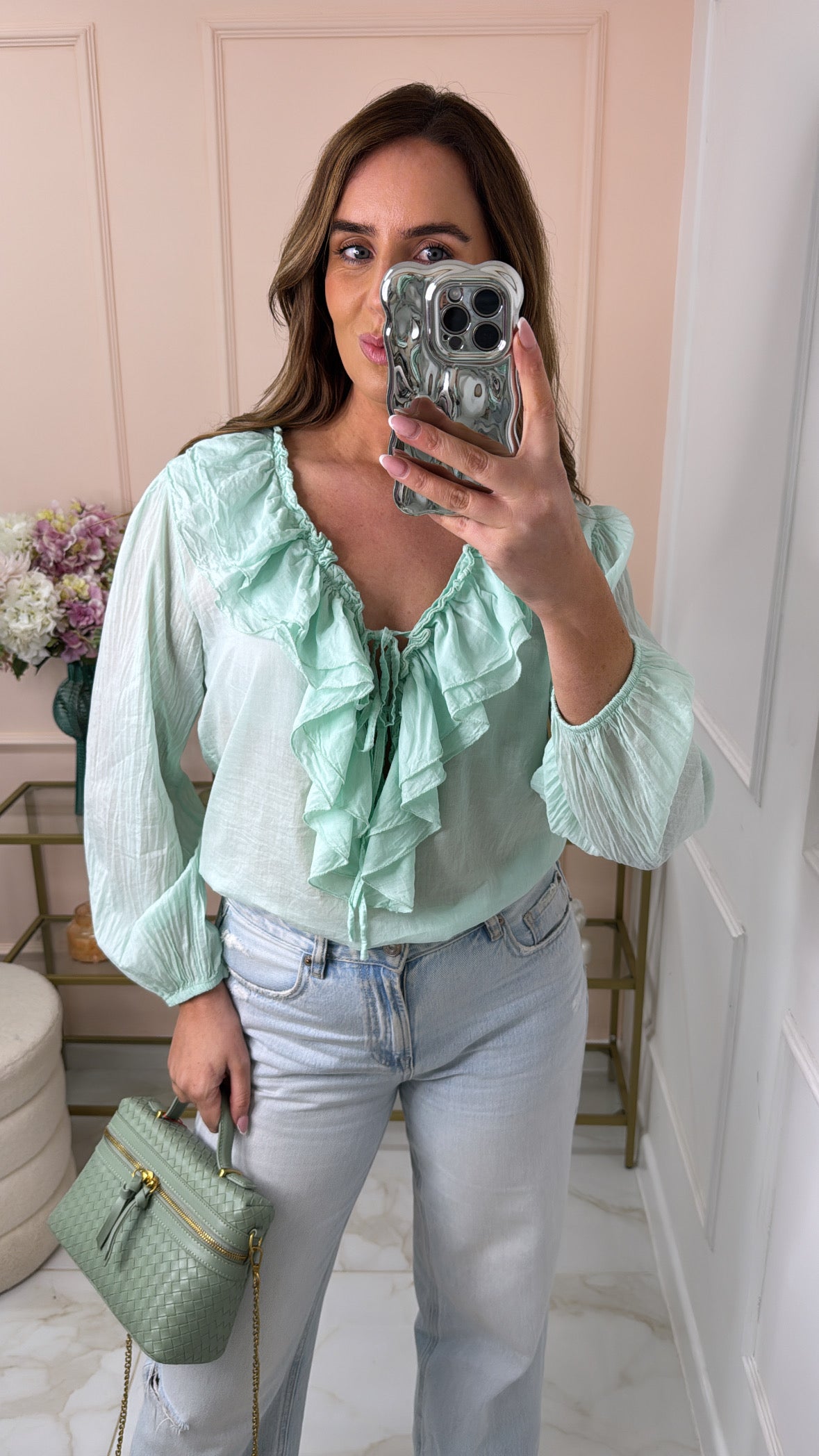 ALORA mint ruffle cotton blouse
