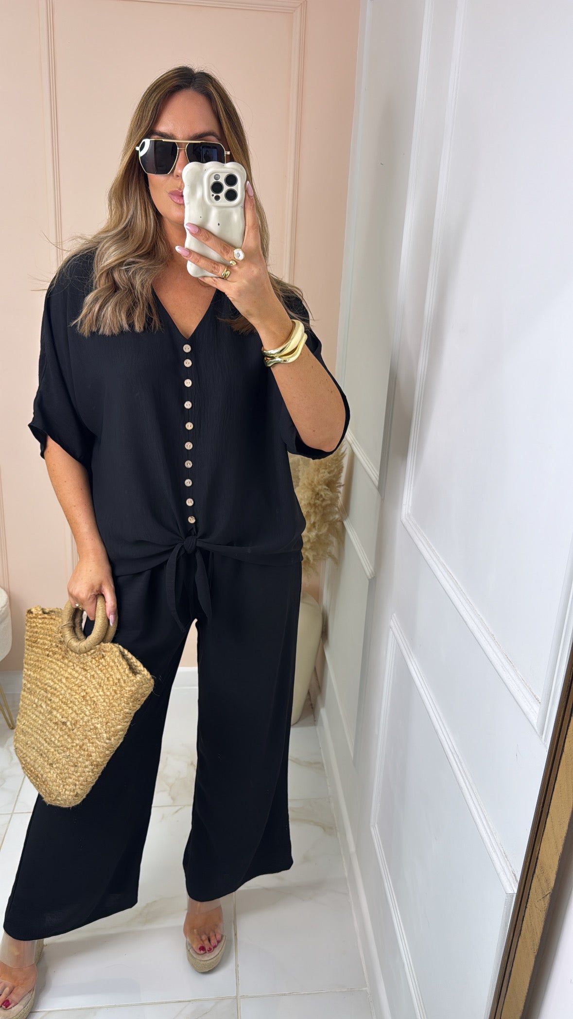 LUNA black button tie front trouser set