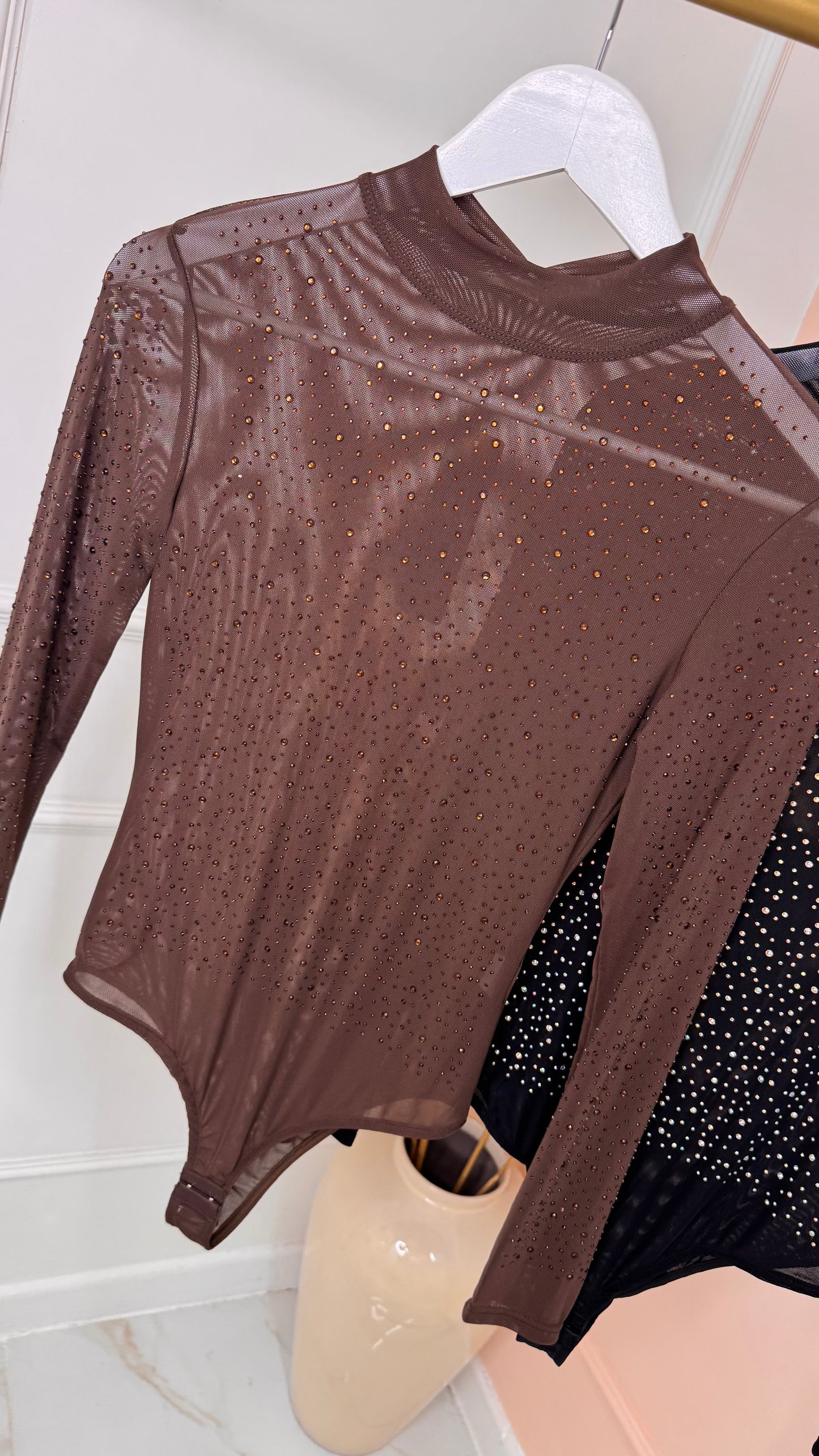 CHLOE brown mesh embellished bodysuit