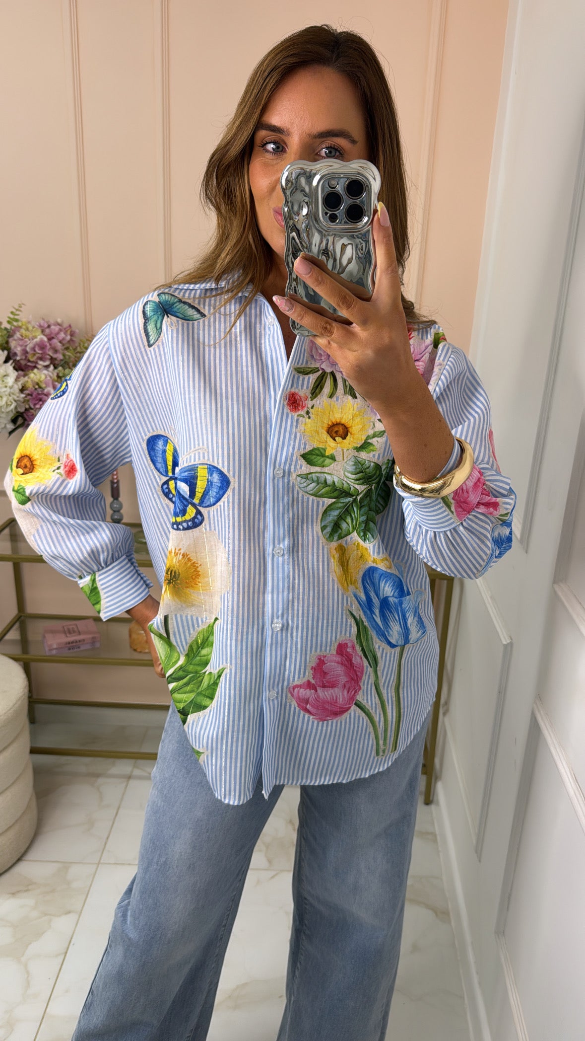 LOLA blue floral metallic stripe blouse