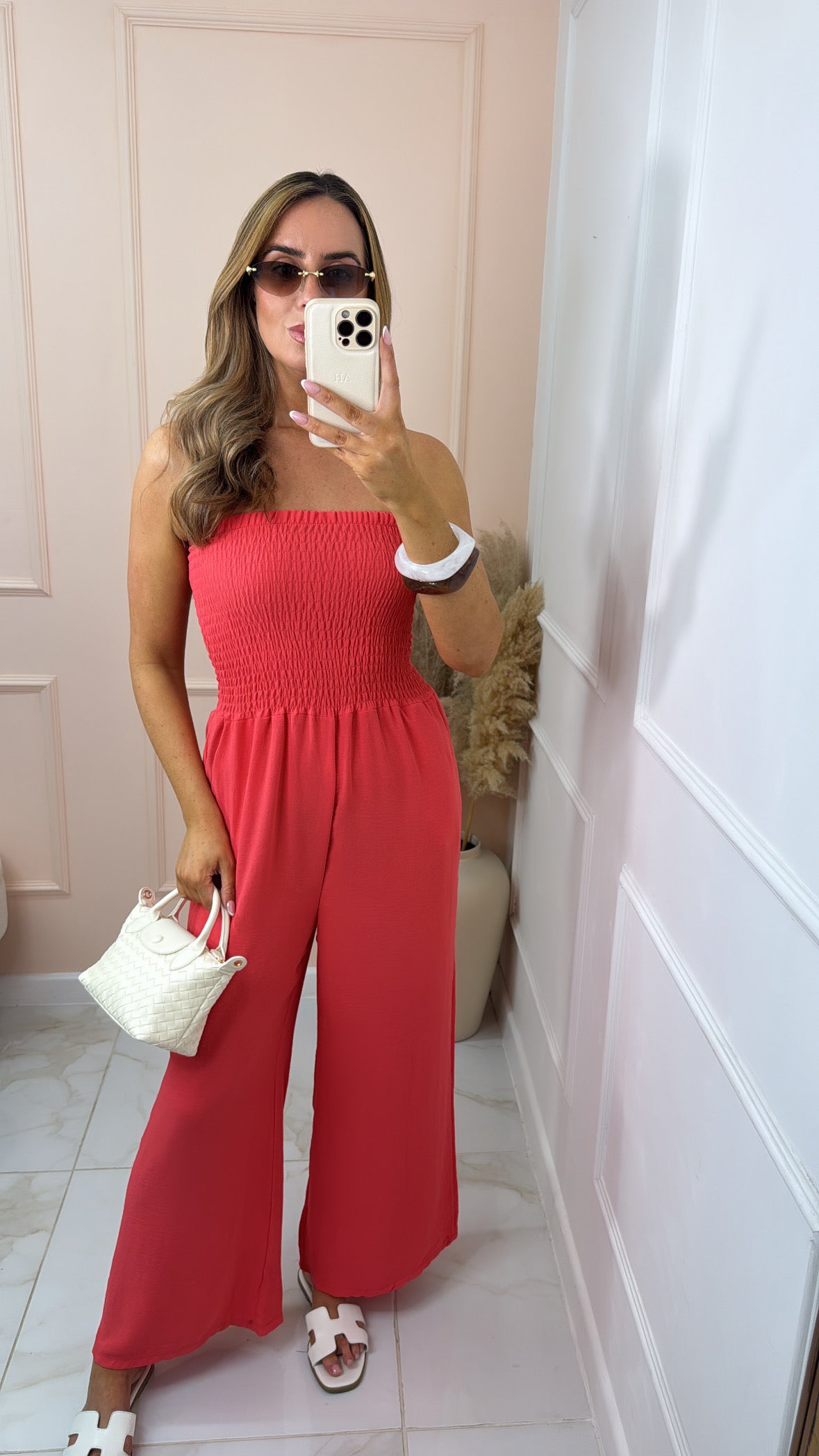 LIBBY coral shirred floaty bandeau jumpsuit