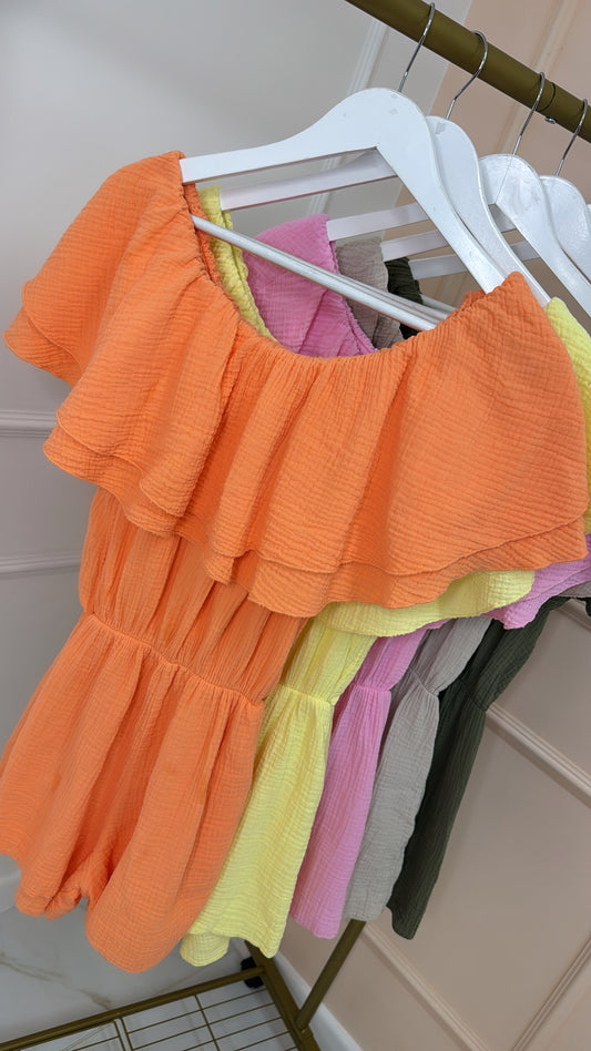 JAYDA coral bardot frill playsuit