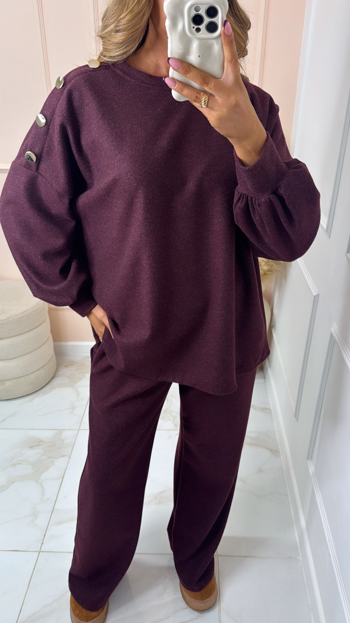 PENNY burgundy gold button detail lounge set