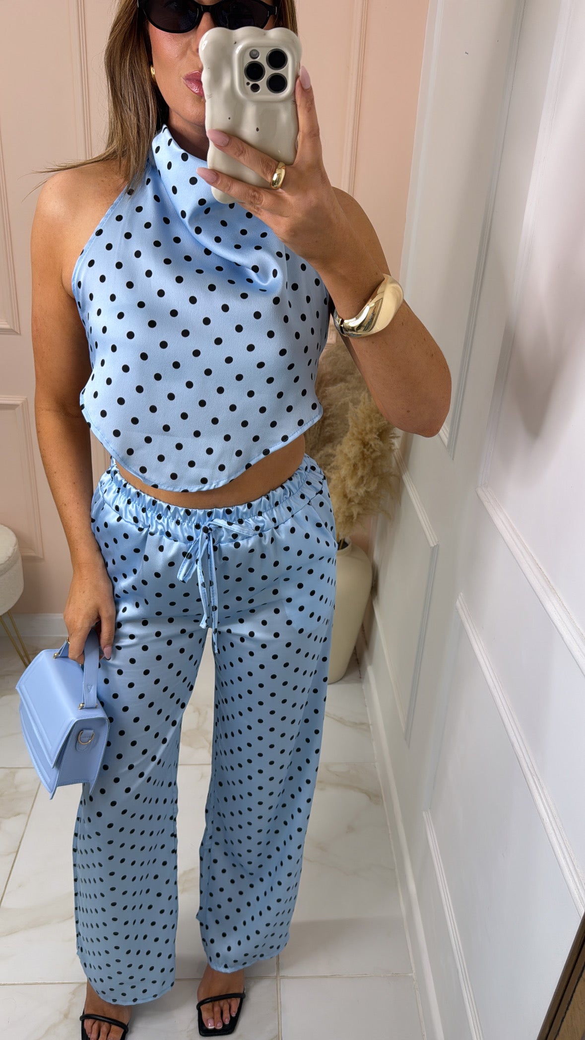 TALIA blue polka dot halter neck trouser set