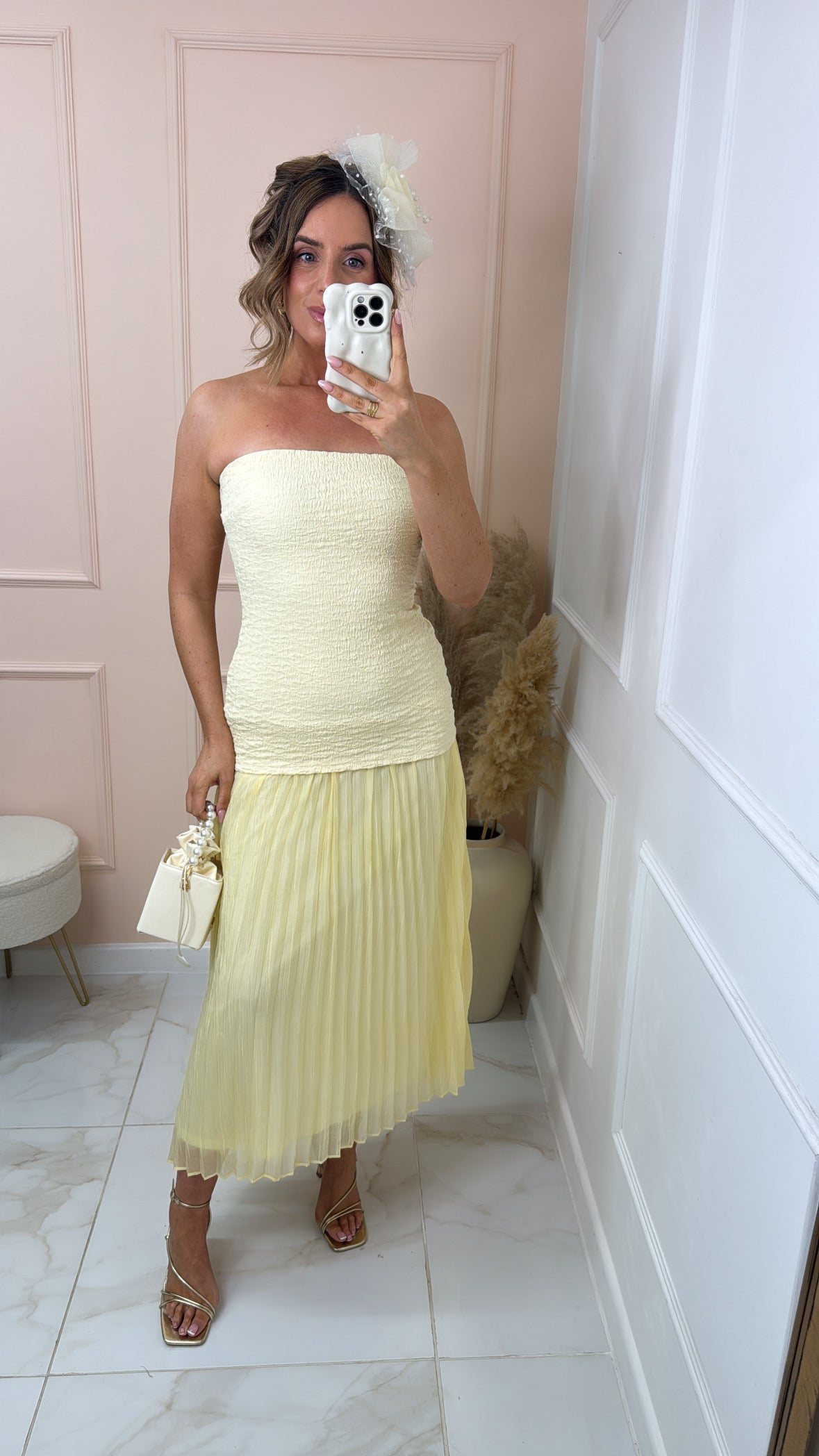 FLORA lemon shirred bandeau maxi dress
