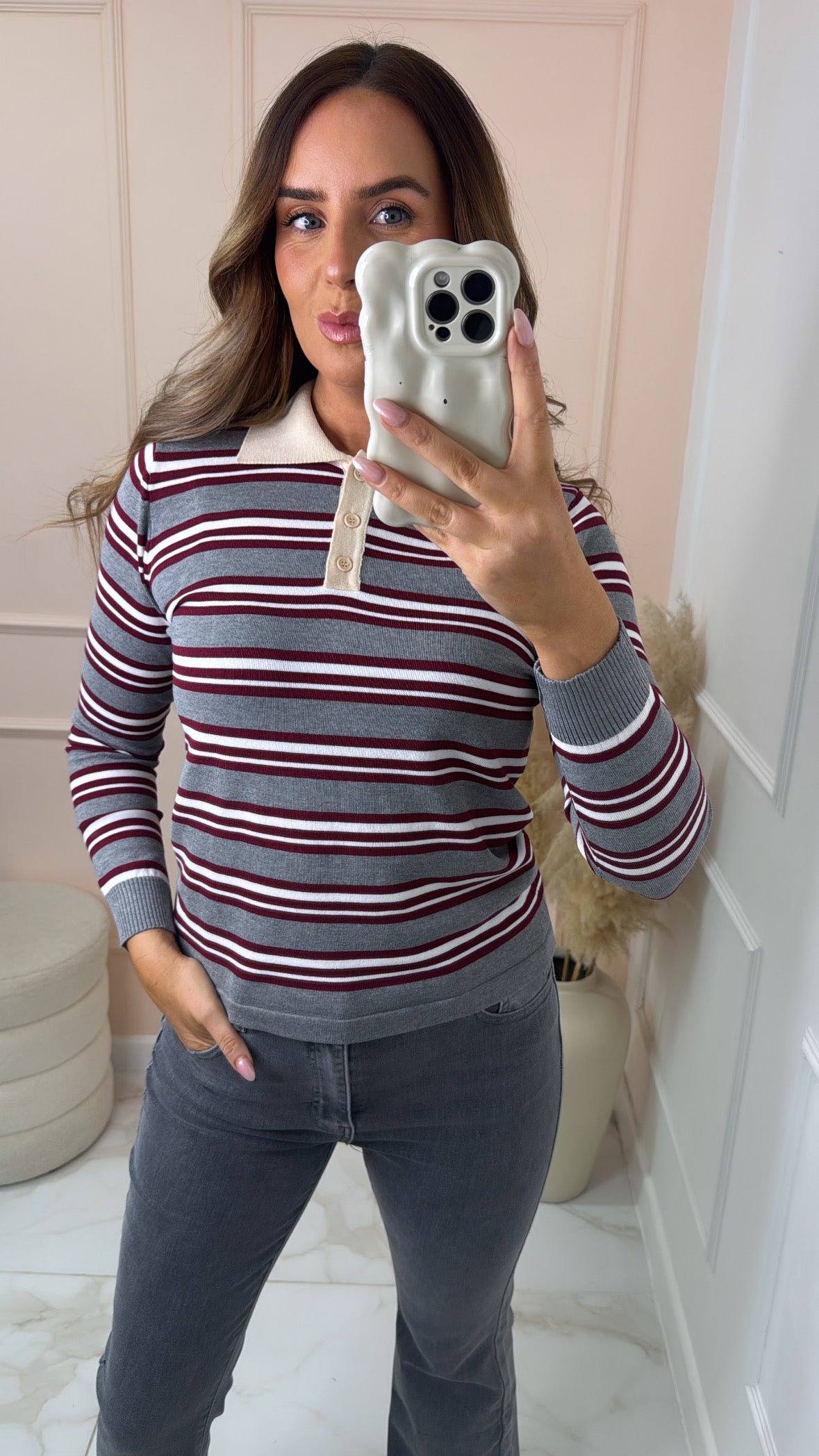 ALICE grey striped collared knit jumper