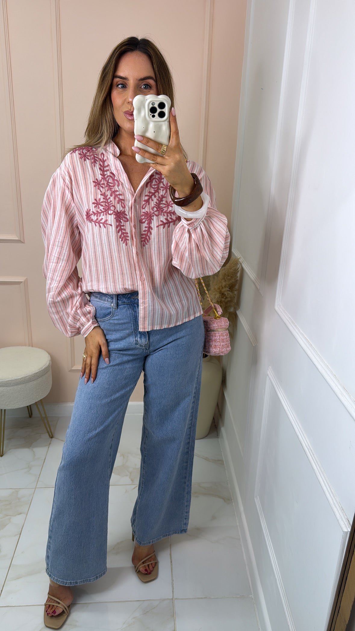 MAEVE pink embroidered stripe blouse