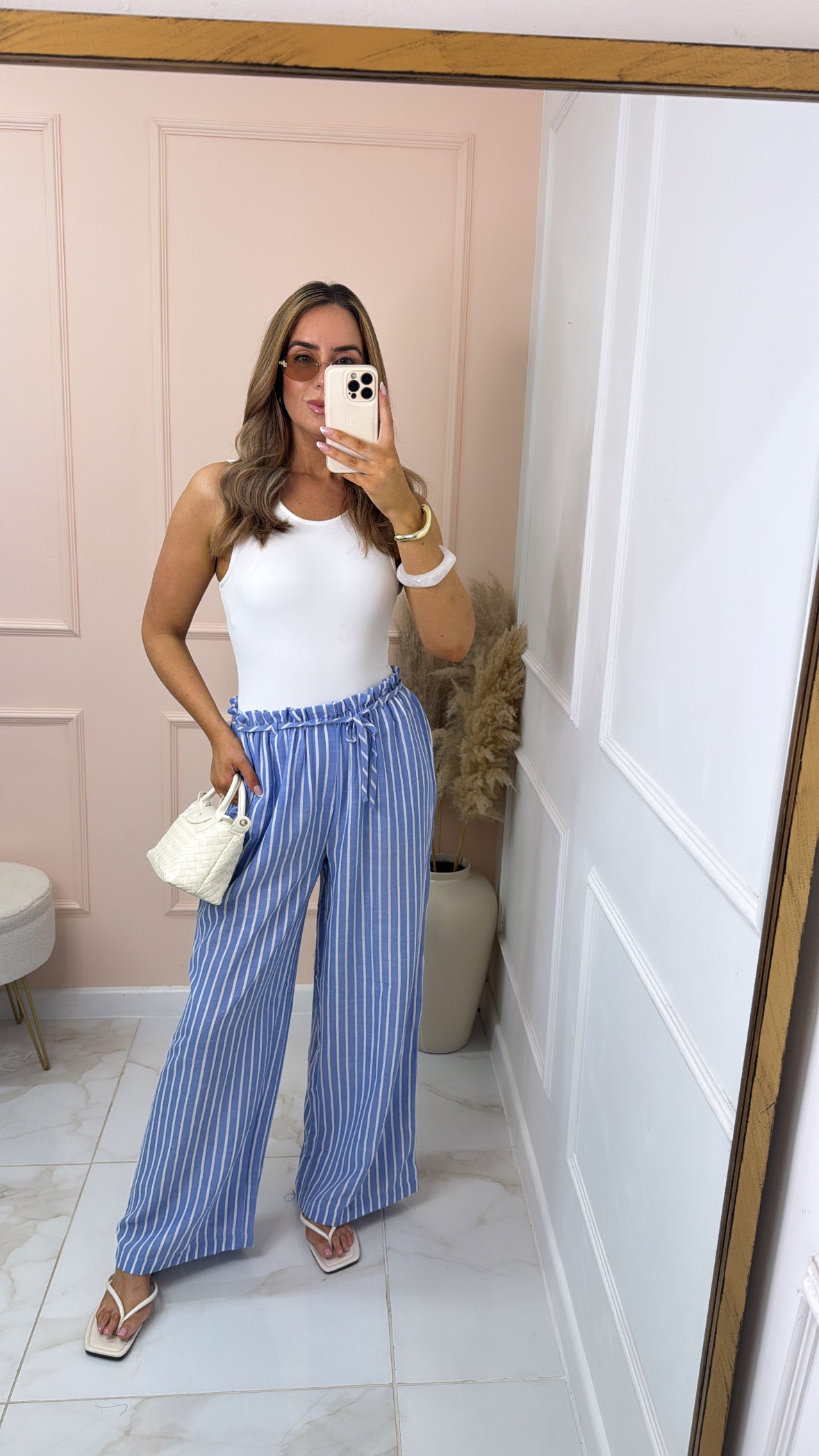 ADA blue pinstripe paperbag trousers