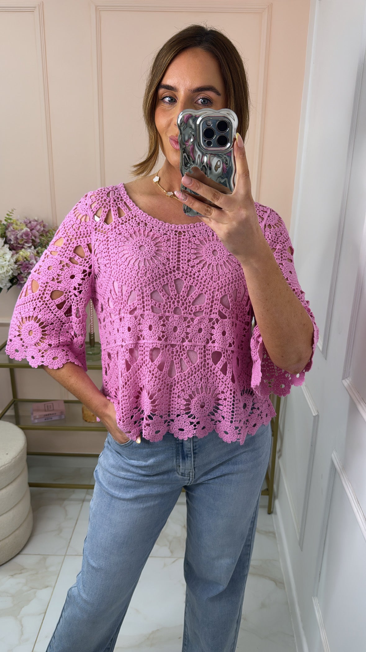 SHAE pink crochet top