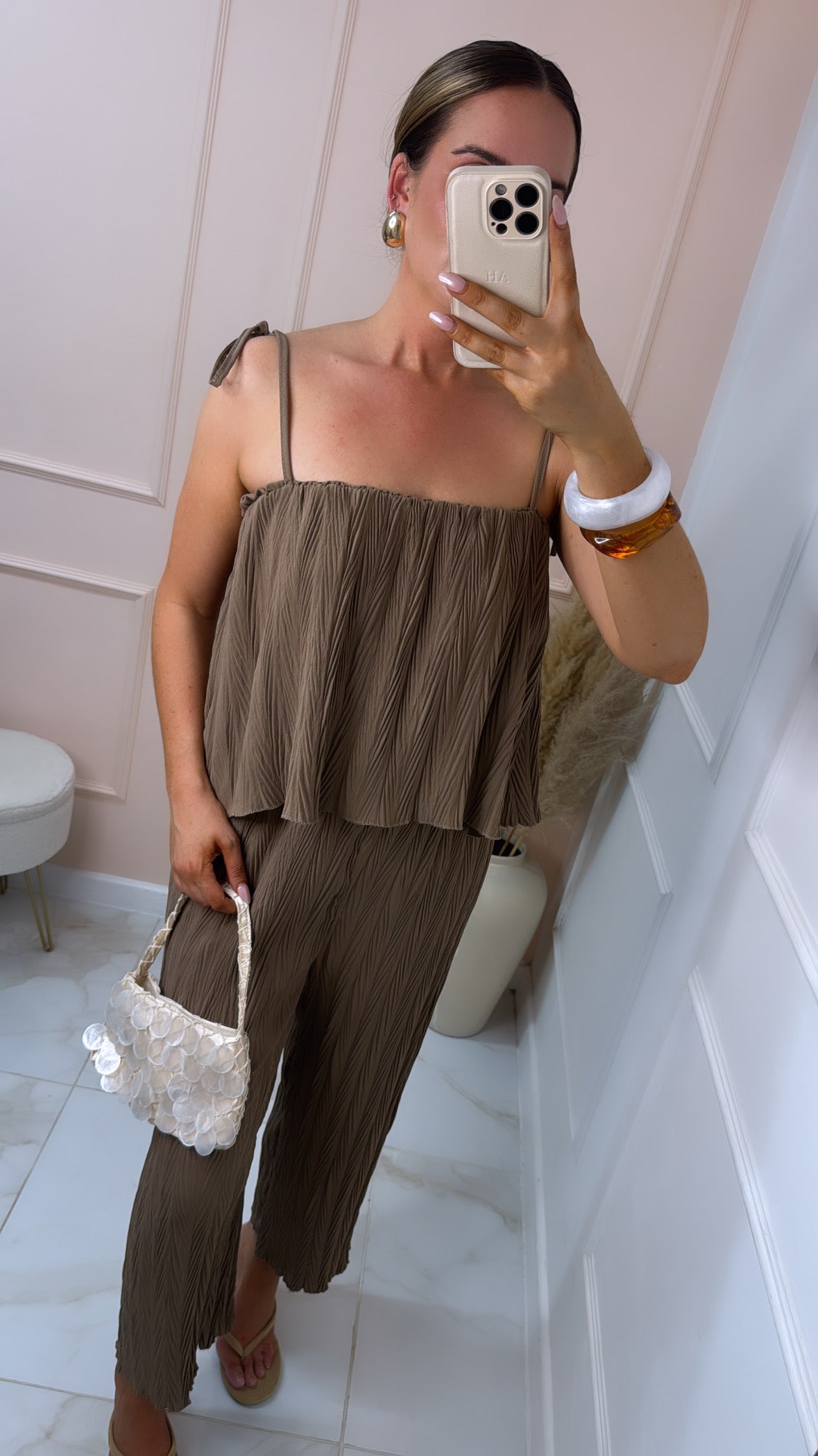MAURA taupe crinkle tie shoulder jumpsuit