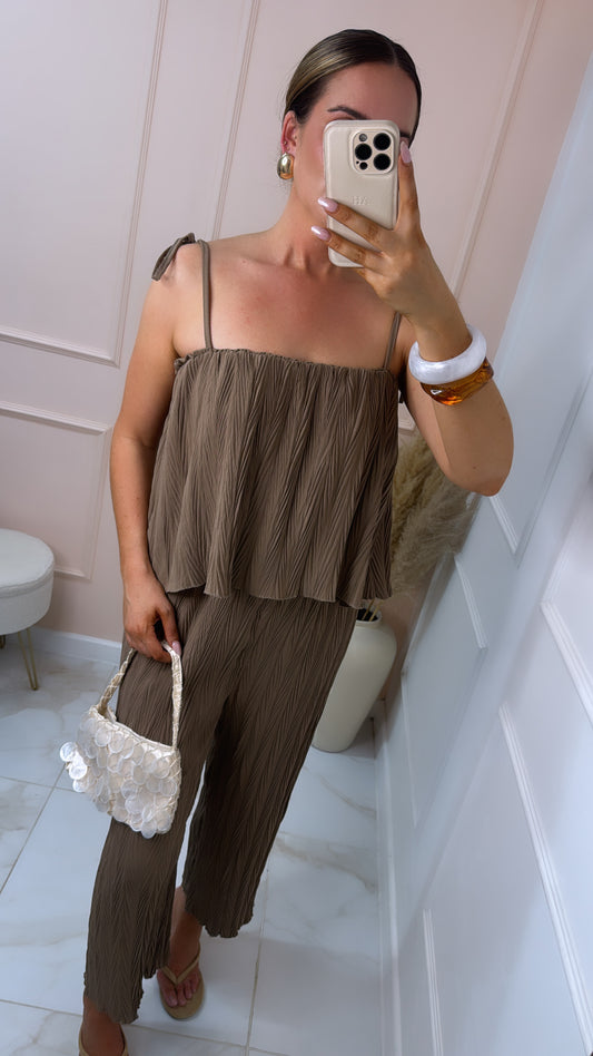 MAURA taupe crinkle tie shoulder jumpsuit