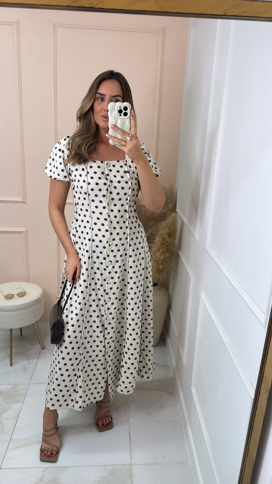 LILLIAN brown linen polka dot puff sleeve dress