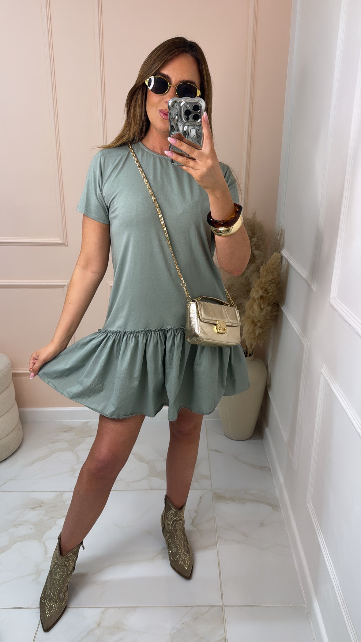 ISLA khaki tiered frill tshirt dress