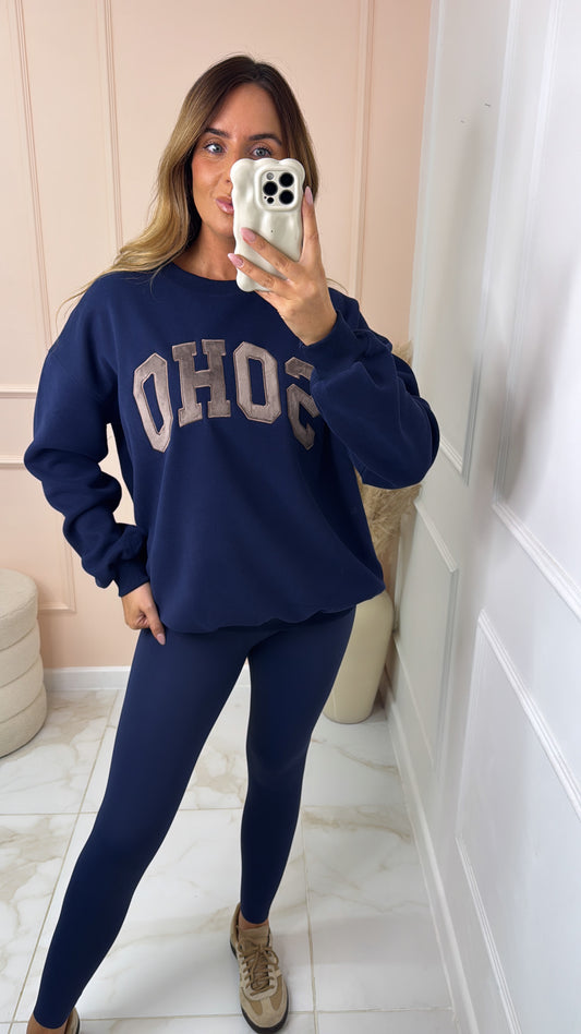 SOHO navy embroidered slogan sweatshirt