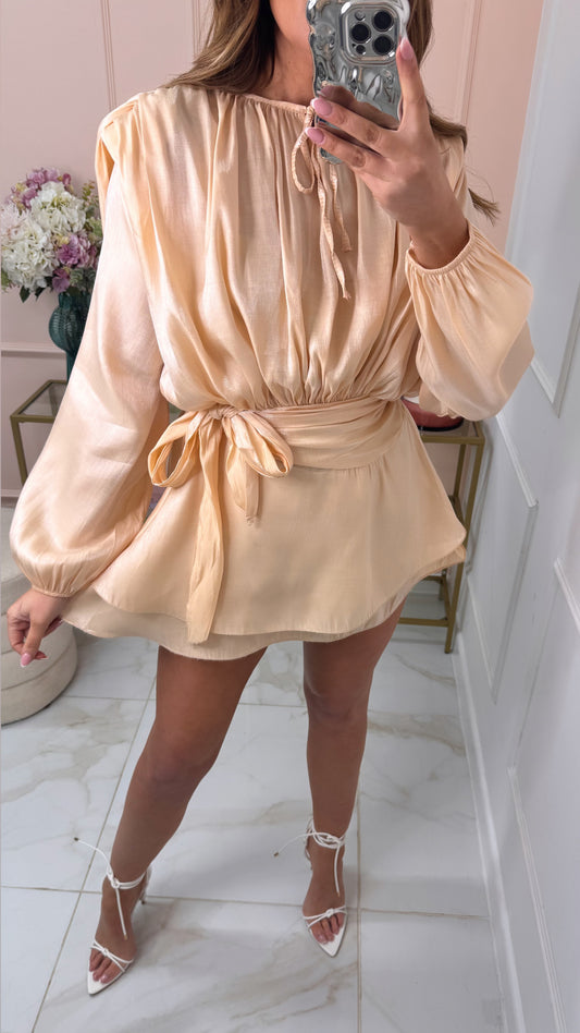 SHARNA peach satin gathered drape dress