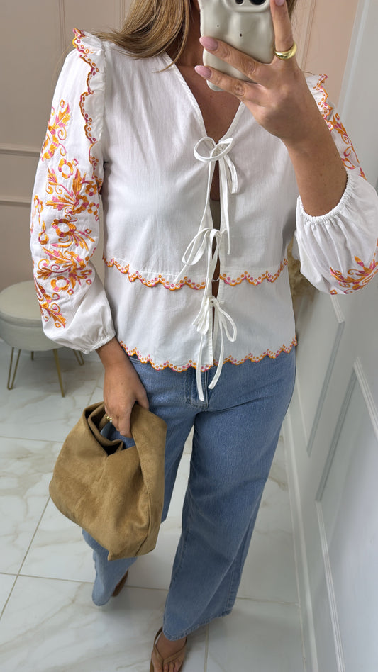 BETH white tie front embroidered top