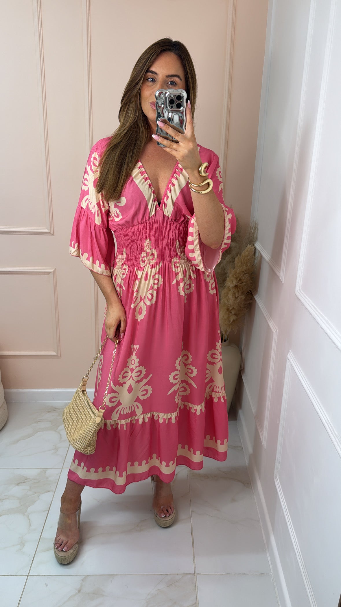 ELLIE pink printed shirred magic dress