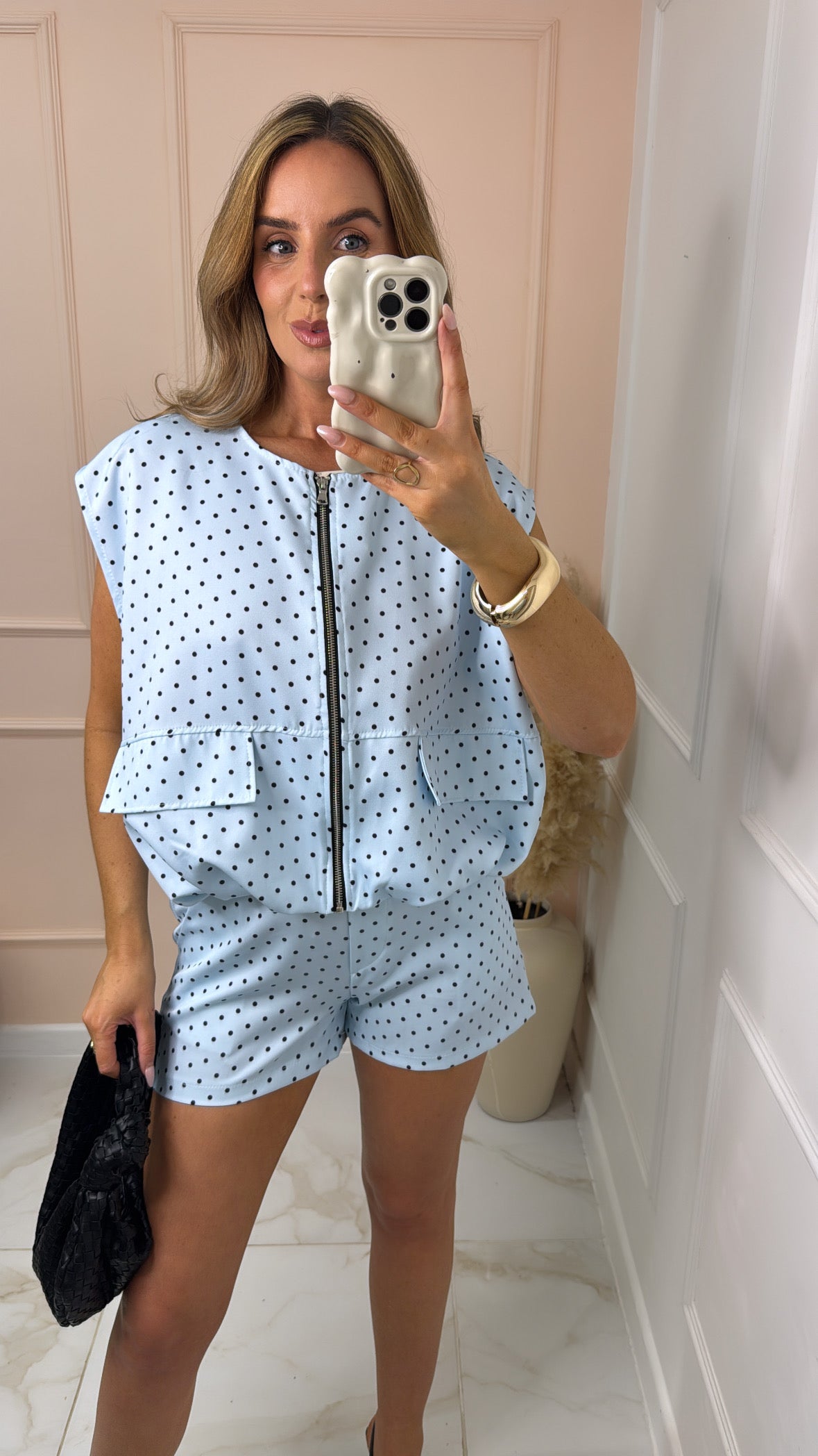 BEKI blue polka dot zip short set