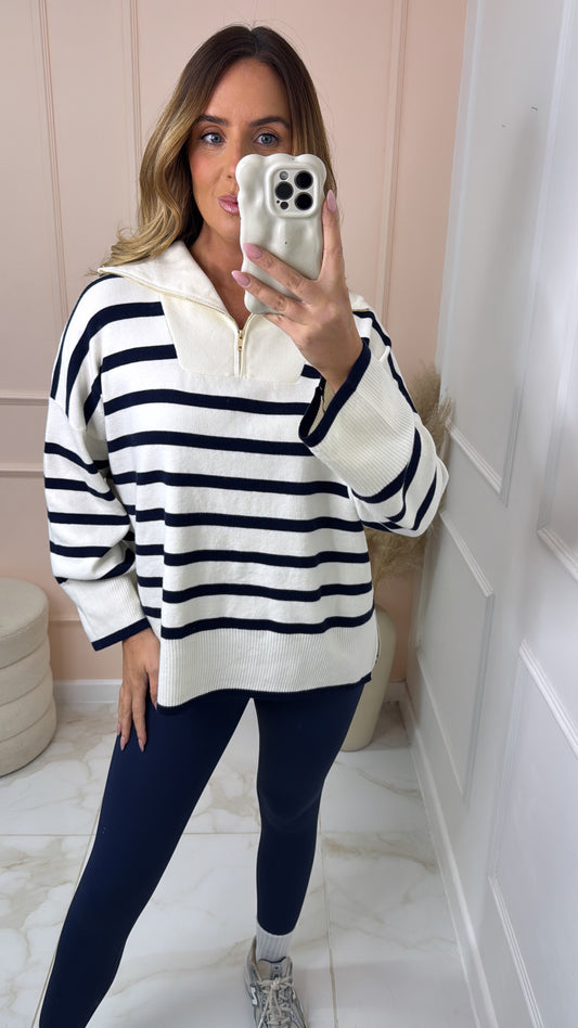 MAEVE white navy stripe knit half zip sweatshirt