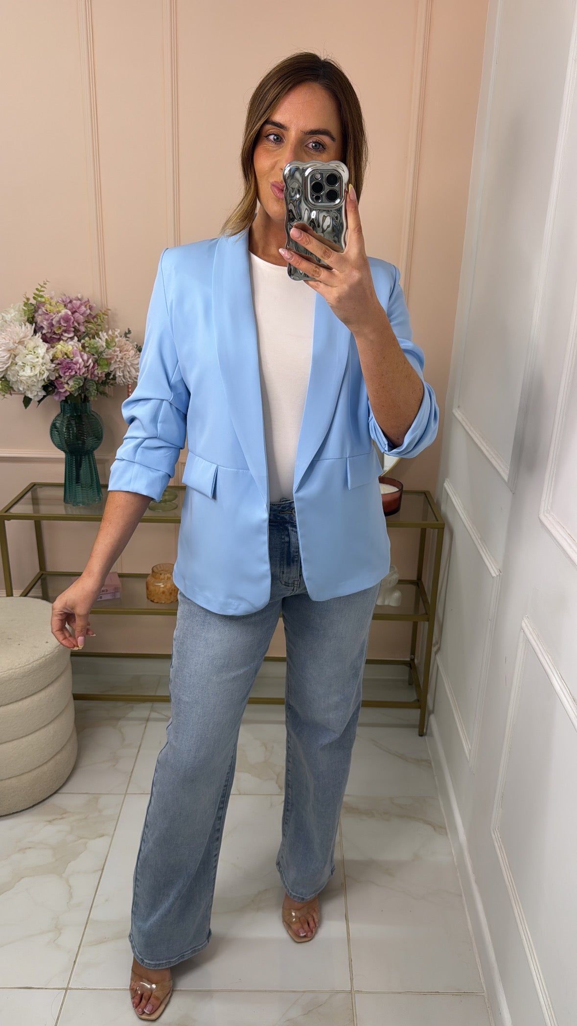 MAISIE powder blue ruched sleeve blazer