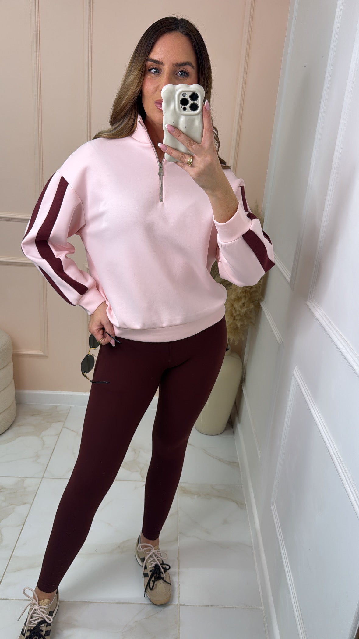 HATTIE pink & burgundy stripe half zip sweatshirt