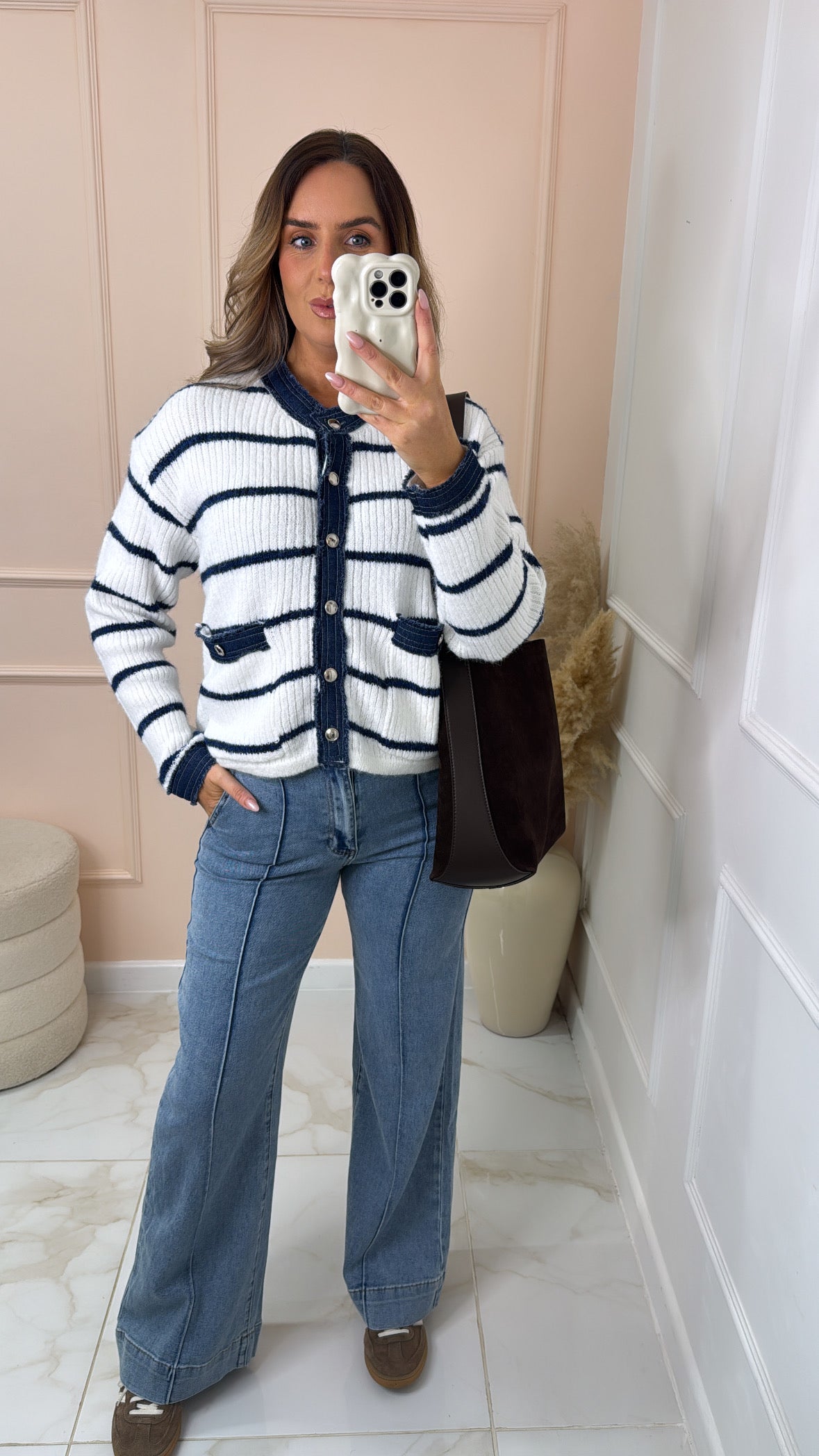 THEA cream denim detail stripe cardigan