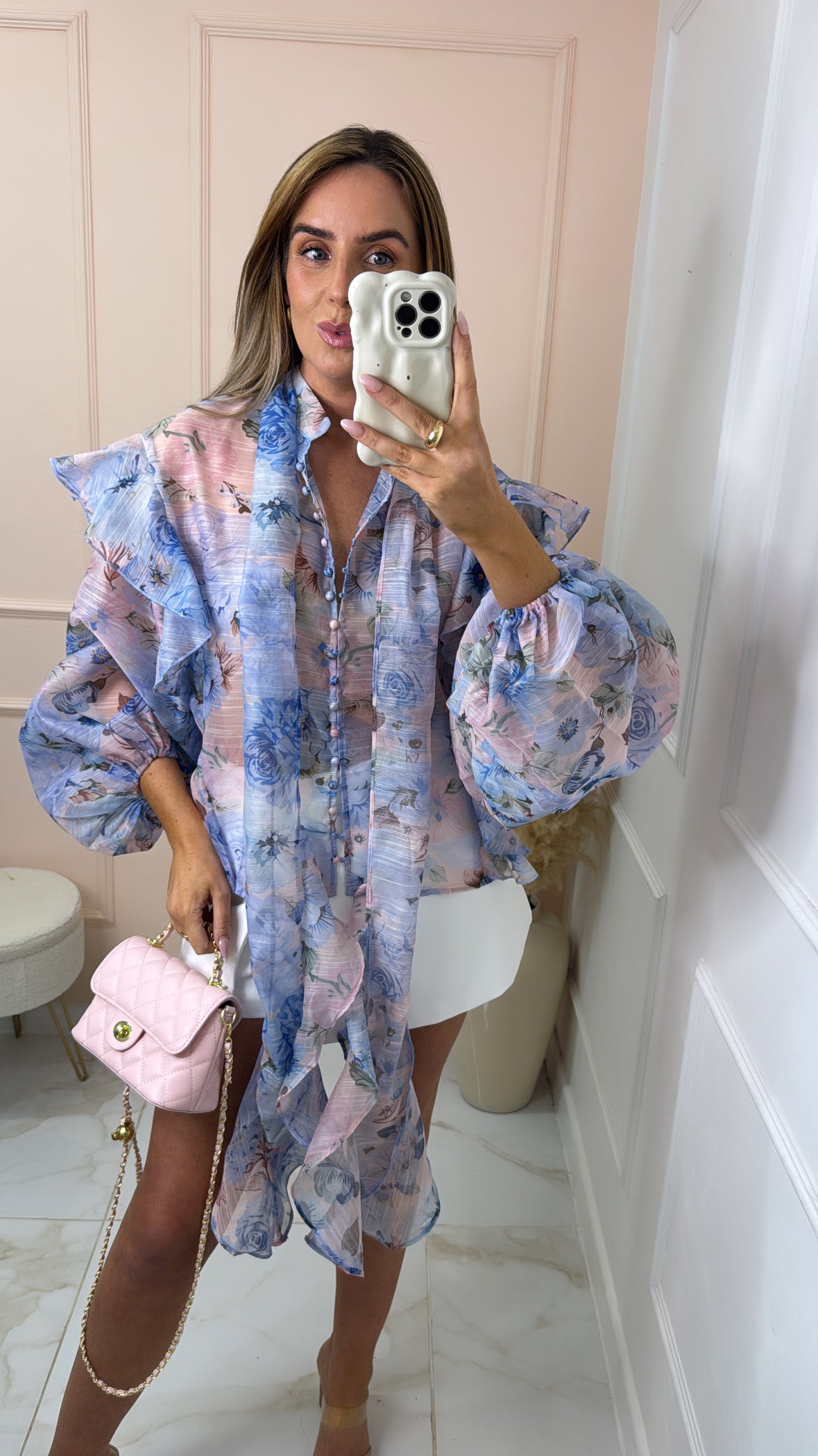 LOTTIE blue pink floral ruffle blouse