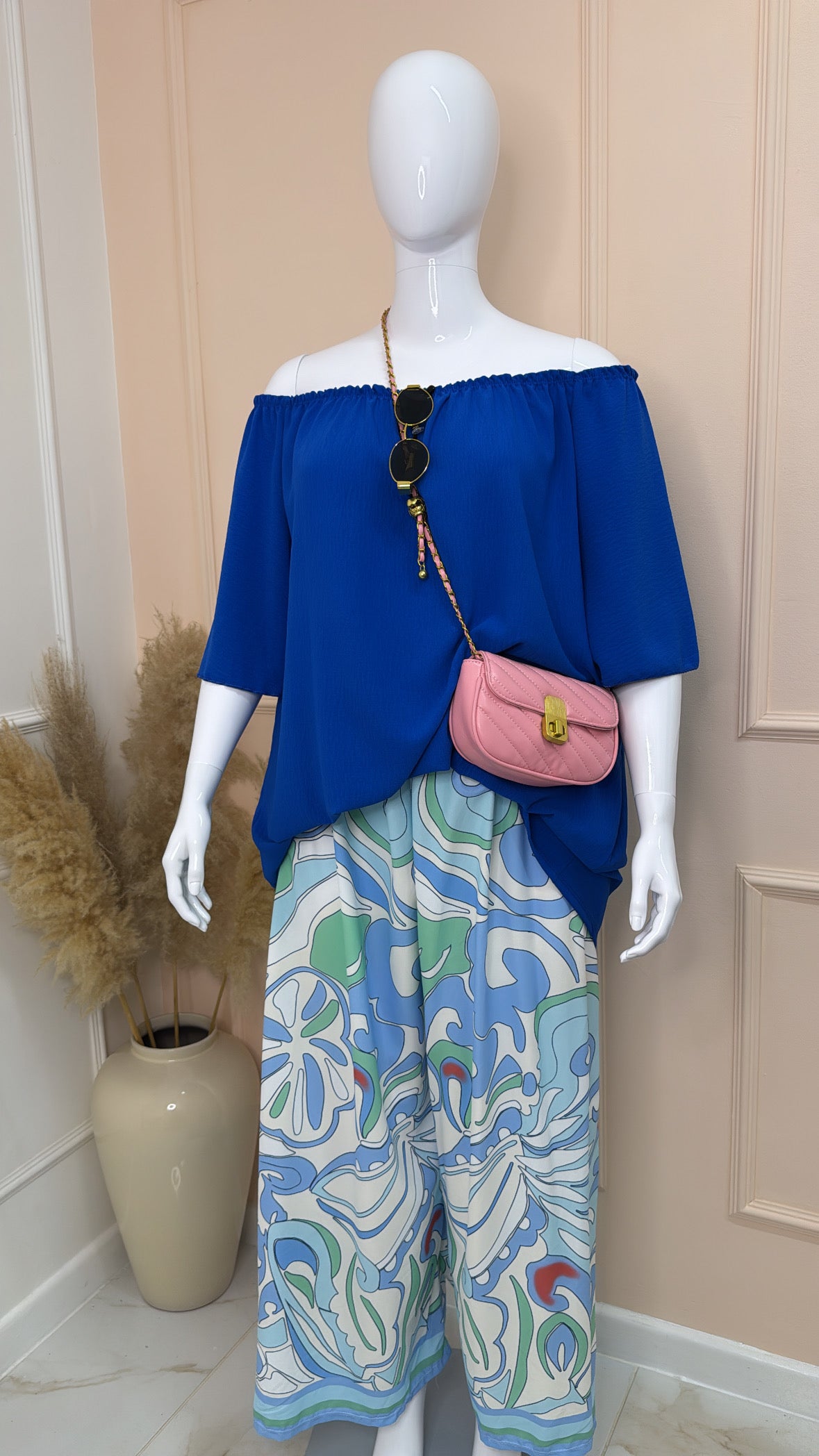 CARA cobalt blue printed bardot trouser set