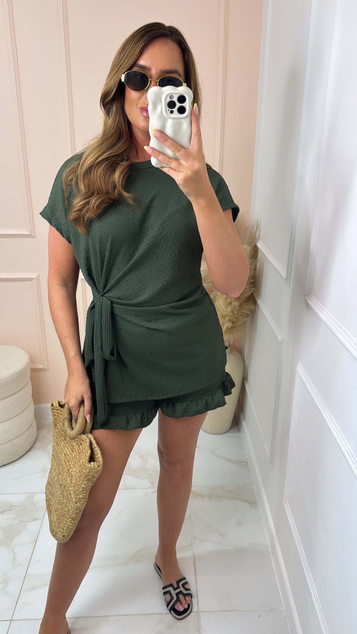 NOVA khaki crinkle tie frill short set