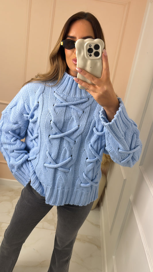 MEADOW blue crisscross cable knit jumper