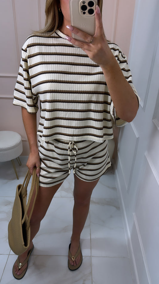 LULU cream & brown stripe short set